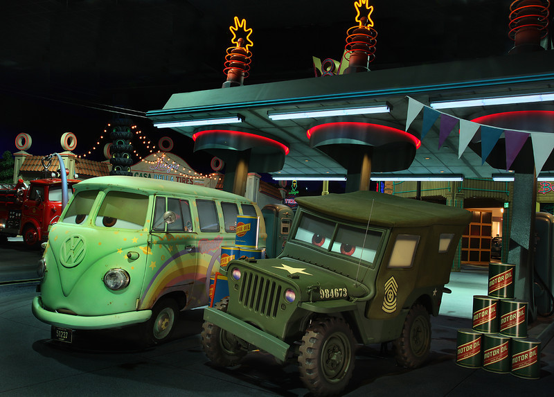 SARGE AND FILLMORE IN RADIATOR SPRINGS RACERS -- Cars Land features three immersive family attractions showcasing characters and settings from the Disney-Pixar film, 