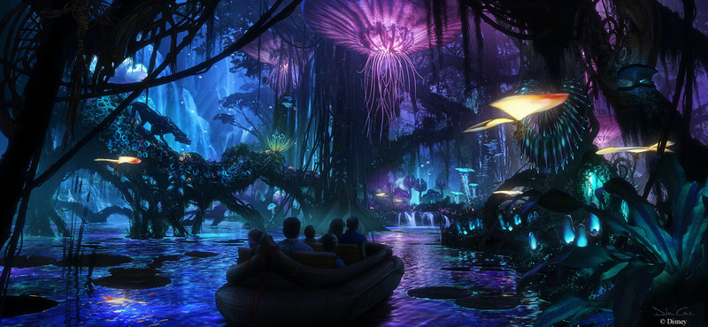 Walt Disney Imagineering in collaboration with filmmaker James Cameron and Lightstorm Entertainment is bringing to life the mythical world of Pandora, inspired by Cameron’s AVATAR, at Disney’s Animal Kingdom theme park. The awe-inspiring land of floating mountains, bioluminescent rainforests and soaring Banshees will become real for Disney guests to see, hear and touch. Scheduled to open in 2017, the AVATAR-inspired land will be part of the largest expansion in Disney’s Animal Kingdom history. (Concept art, Walt Disney Imagineering)