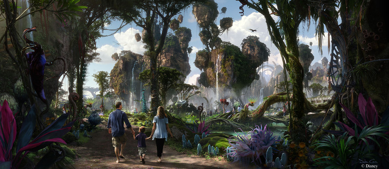 Walt Disney Imagineering in collaboration with filmmaker James Cameron and Lightstorm Entertainment is bringing to life the mythical world of Pandora, inspired by Cameron’s AVATAR, at Disney’s Animal Kingdom theme park. The awe-inspiring land of floating mountains, bioluminescent rainforests and soaring Banshees will become real for Disney guests to see, hear and touch. Scheduled to open in 2017, the AVATAR-inspired land will be part of the largest expansion in Disney’s Animal Kingdom history. (Concept art, Walt Disney Imagineering)