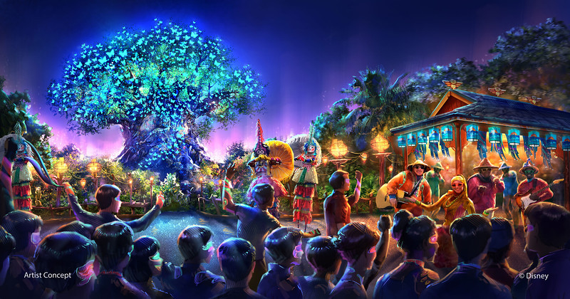 As part of the largest expansion in its history, Disney’s Animal Kingdom theme park will be adding all-new entertainment experiences including a new after-dark spectacular centered around and above Discovery River, new nighttime entertainment including live performers on Discovery Island (pictured) and a new night version of Kilimanjaro Safaris. (Concept art, Walt Disney Imagineering)