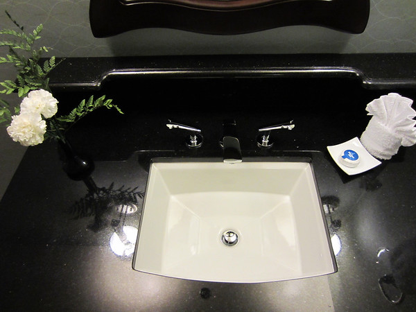 Each of the bathrooms have fresh carnation flowers in them.