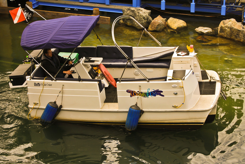 This is a World of Color Maintenance Dive Boat.  The flag on the top left corner is a Dive Flag.  It let's others know (usually other ships) to be careful or keep a distance because divers are in the water.