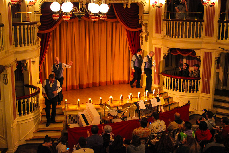 The band comes out in preparation for show start.