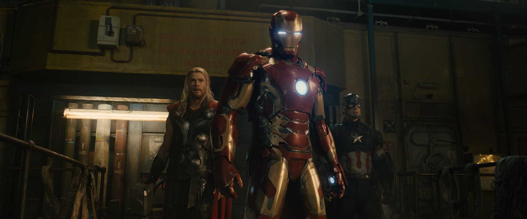 Marvel's Avengers: Age Of Ultron L to R: Thor (Chris Hemsworth), Iron Man/Tony Stark (Robert Downey Jr.) and Captain America/Steve Rogers (Chris Evans) Ph: Film Frame ©Marvel 2015
