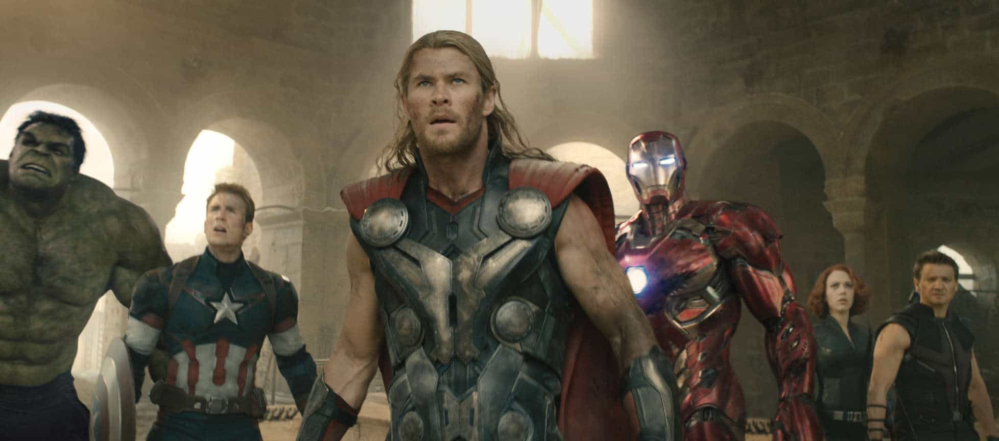 Marvel's Avengers: Age Of Ultron L to R: Hulk (Mark Ruffalo), Captain America (Chris Evans), Thor (Chris Hemsworth), Iron Man (Robert Downey Jr.), Black Widow (Scarlett Johansson), and Hawkeye (Jeremy Renner) Ph: Film Frame ©Marvel 2015