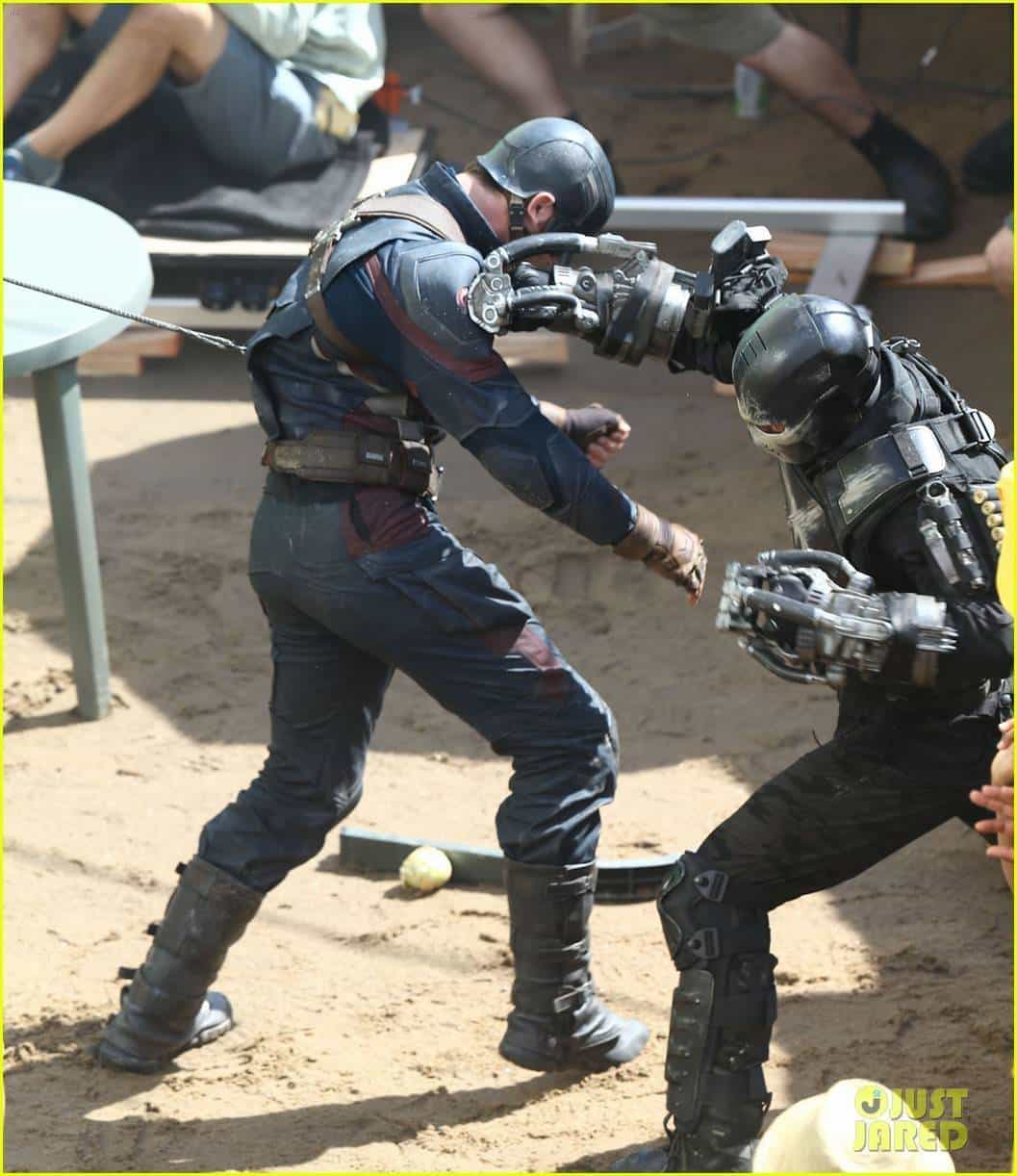 Semi-Exclusive... 51746720 Actor Chris Evans suits up in the stars and stripes as he films an action scene on the set of "Captain America: Civil War" on May 18, 2015 in Atlanta, Georgia. The town is doubling for a South African village. Anthony Mackie was also on set dressed in his Falcon costume. FameFlynet, Inc - Beverly Hills, CA, USA - +1 (818) 307-4813