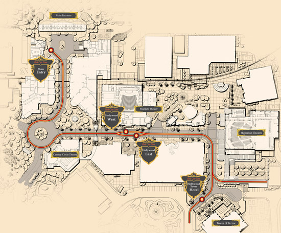Map of the Red Car Trolley Route at Disney California Adventure Park